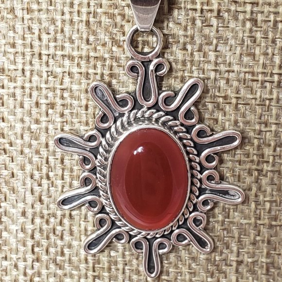 CII Mexico Silver 925 Carnelian Brown Natural Gemstone Large Sunburst Pendant - Picture 5 of 9